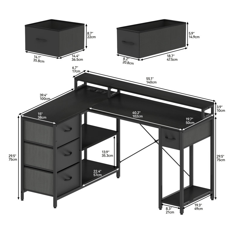 L-Shaped Computer Desk With 4 Drawers, Gaming Desk With Power Outlet And Monitor Stand, Corner Desk, Black