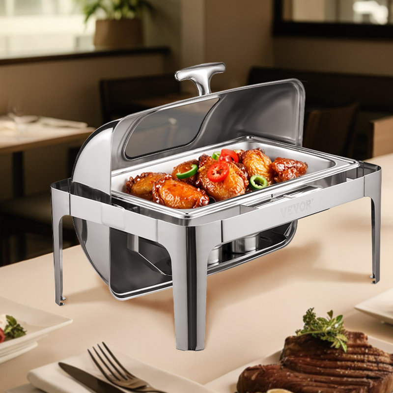 4Qt 1 Pack Rectangle Roll Top Chafing Dish Set 2 Pans Stainless Steel