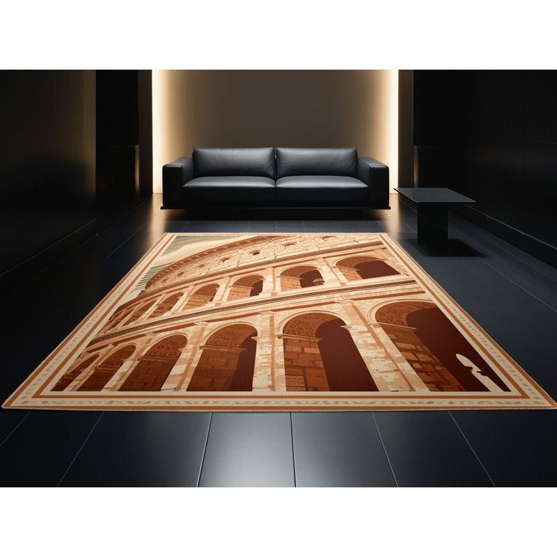 Machine Washable Orsolya Rome Colosseum Classic Oriental Rug in Brown – Beige Binding, 4x6