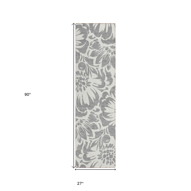 8' Runner Gray and Ivory Floral Washable Non Skid Indoor Outdoor Runner Rug