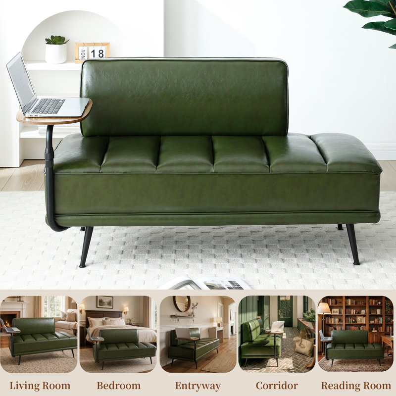 Decorative Bench – Faux Leather, with 360° Rotating Side Table, Suitable for Bedroom or Living Room, Green Faux Leather, No