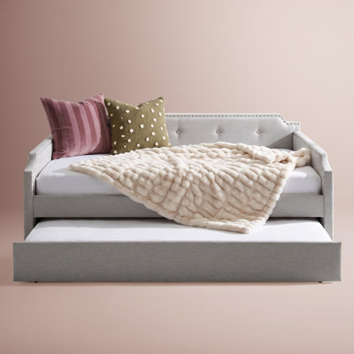 Bella Upholstered Daybed Sofa with Roll-Out Twin Trundle Bed and Nailhead Trim, Light Gray