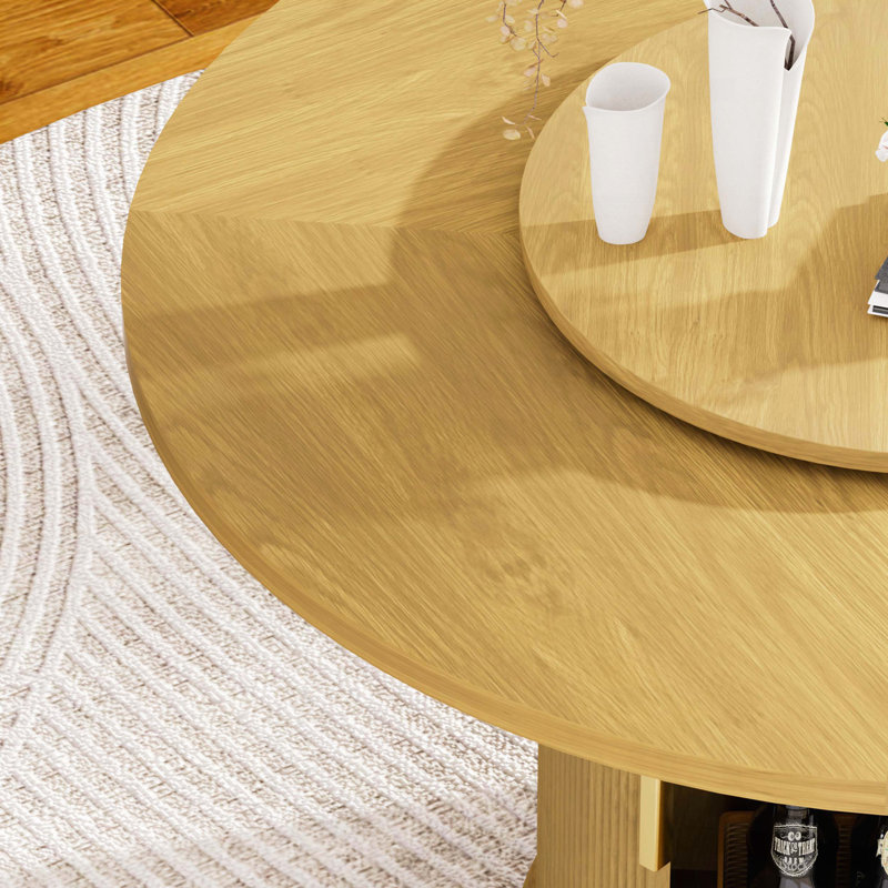 Table de salle à manger ronde de 55 pouces avec plateau rotatif et support de rangement double - finition naturelle, Naturel