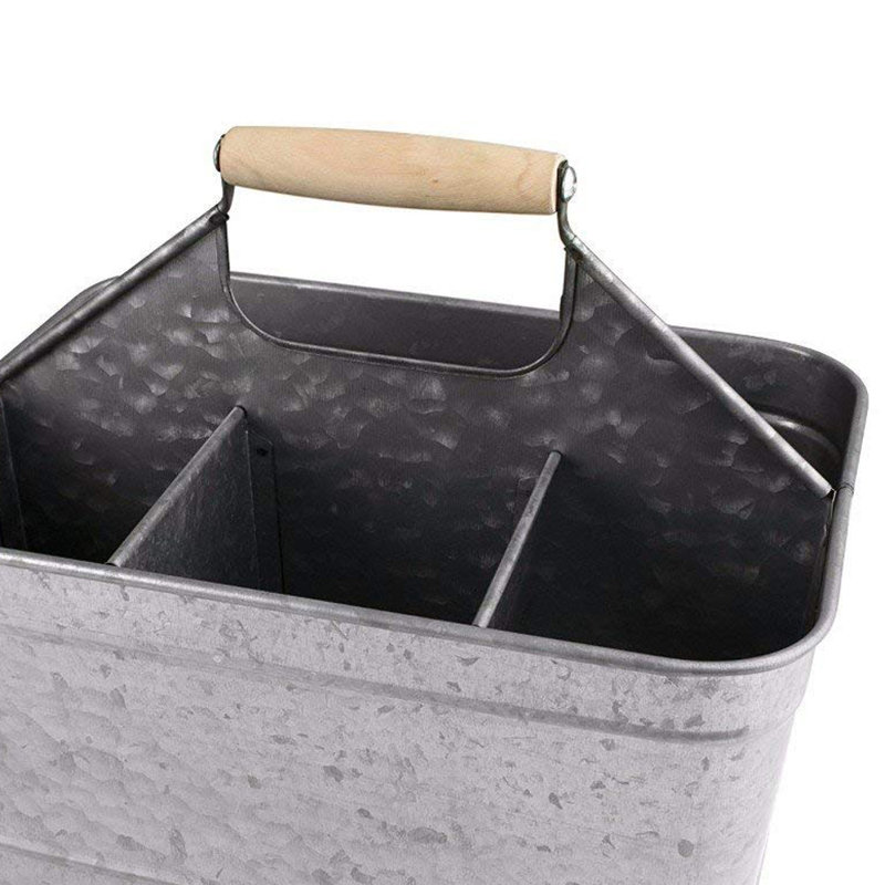  Rustic Galvanized Metal Caddy Basket with Mango Wood Handle, 11 x 7 x 9.5 Inch Organizer, Gray