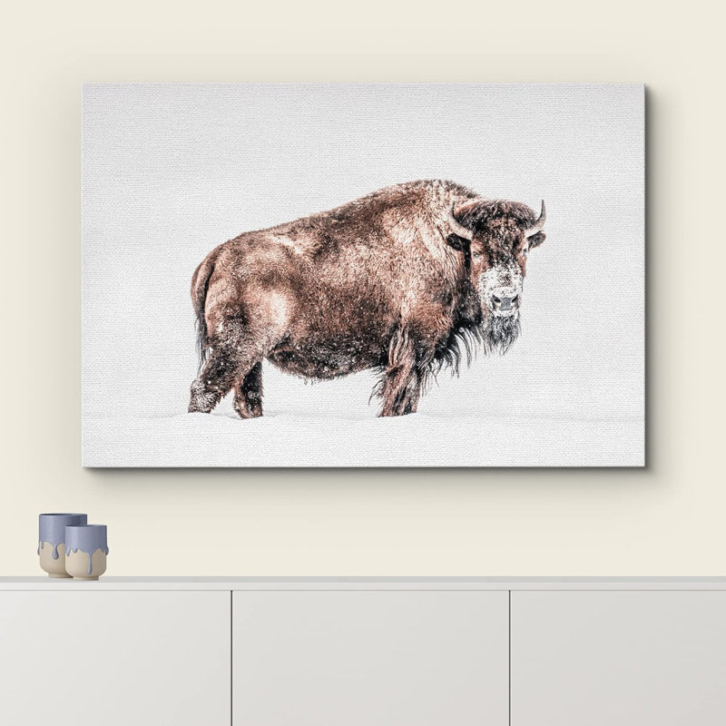 Cow " Brown Bison In Snowy ", Wrapped Canvas, 16" H x 24" W x 1.5" D