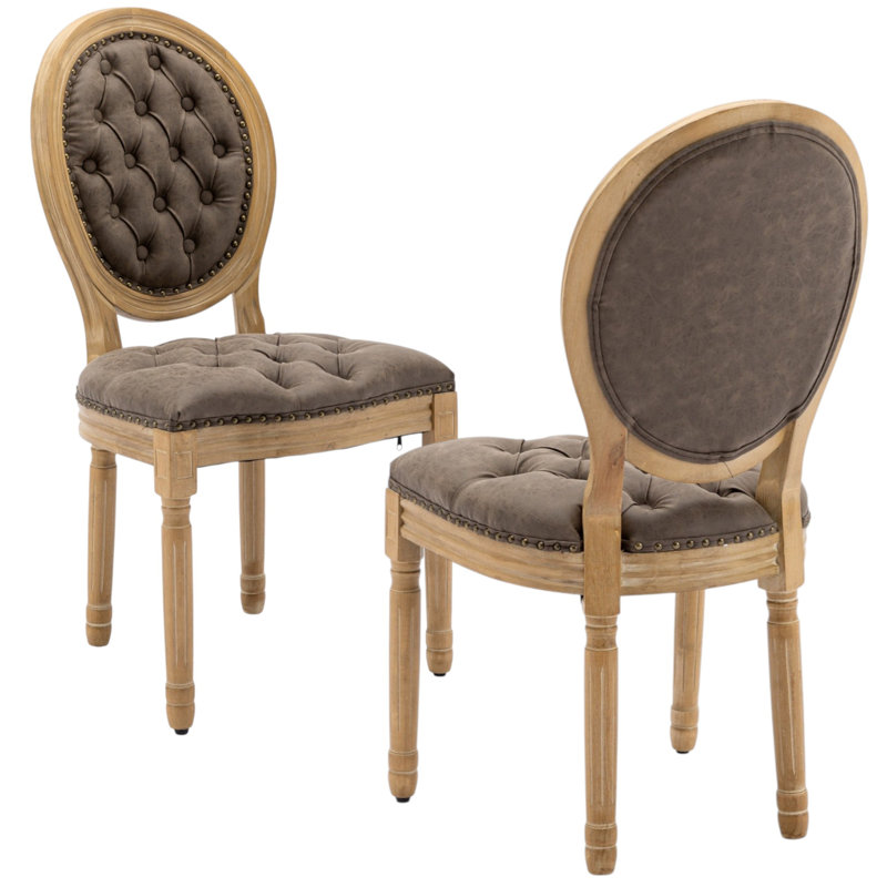 Amando 19.7" H Tufted PU Faux Leather Side Chair With Nailhead Trim Decor King Louis Back Solid Wood Dining Chairs, Brown