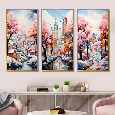 «Pink City Art Deco Charm I», ensemble de 3 impressions sur toile City Art Deco