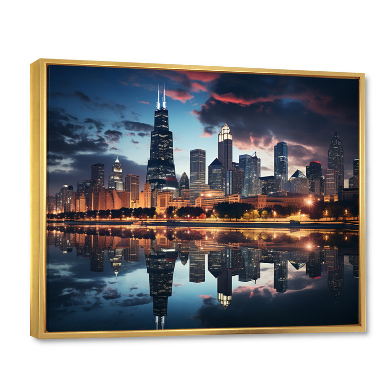 Chicago, beau paysage urbain II - art mural Chicago, Reproduction avec cadre flottant, H 12 po x l 20 po, Doré