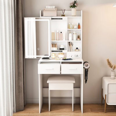 Coiffeuse compacte pour maquillage avec lumières à DEL réglables à 3 niveaux, 2 tiroirs, prises de courant alternatif et tablette, blanc, pour les petits ports de chambre à coucher, rangement caché,