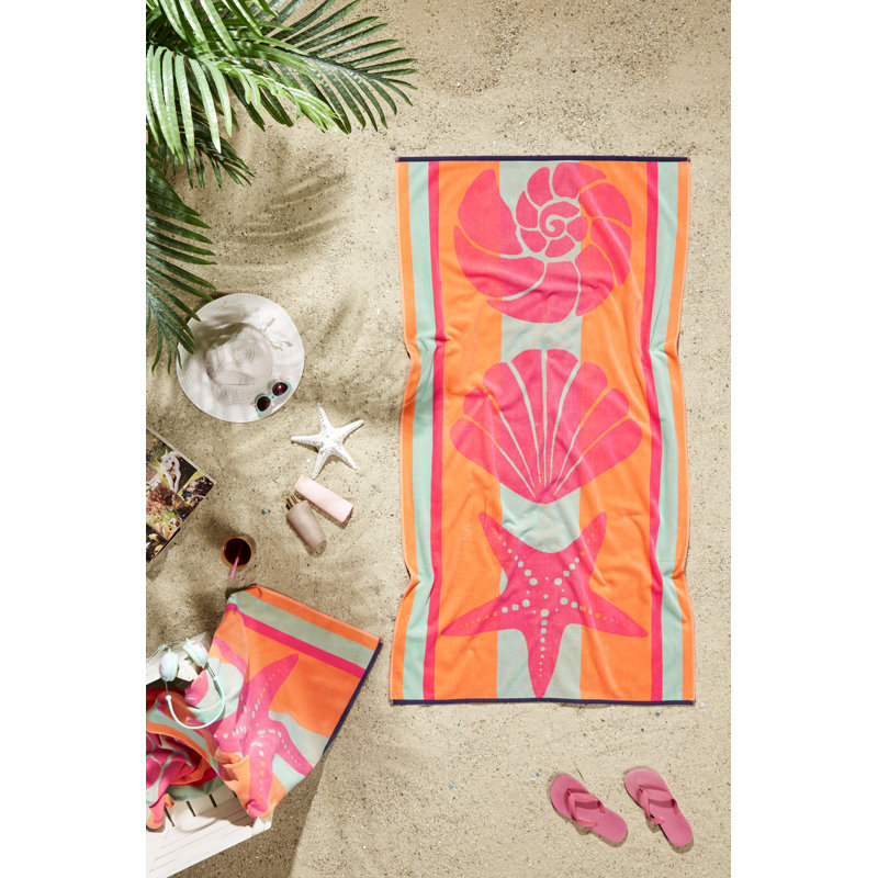 Ozdilek 34x64 Beach Towel - 100% Turkish Cotton, Luxury Soft Velour, Quick Dry, Absorbent, Fade-Resistant, Oversized Pool & Spa Towel, Sunset Seashell Design, Eco-Friendly (Sunset Seashell)