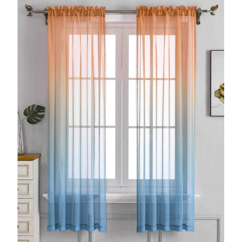 2 panneaux de rideaux semi-diaphanes avec passe-tringle, Orange / bleu sarcelle, L 57 po x L 63 po