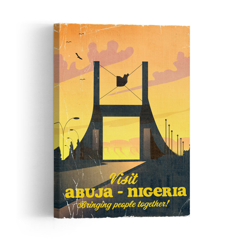 Affiche murale vintage Nigeria Gateway Sunset, style rétro vintage, avec oiseaux abstraits et coucher de soleil sur la ville.