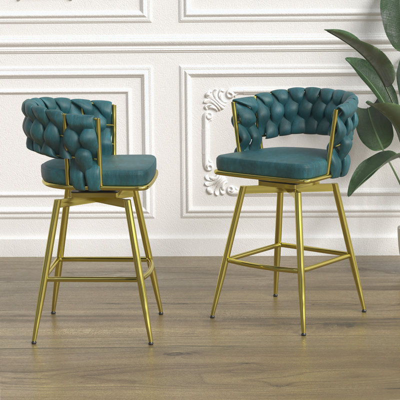 Tabouret de comptoir Aaronda, Siège bleu / cadre doré, Petit tabouret (siège d'une hauteur de 18,7 po), 2