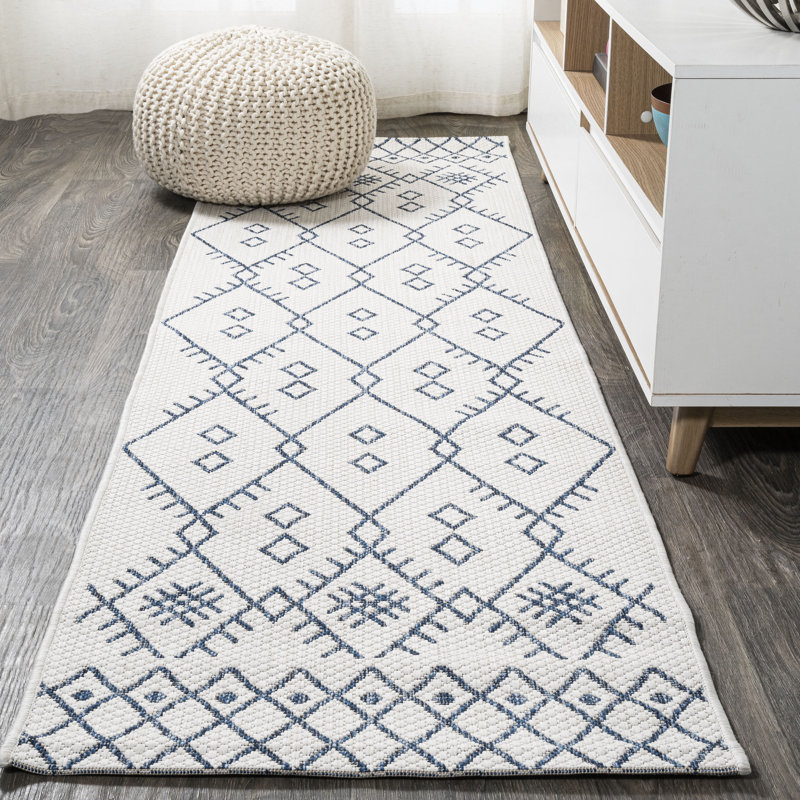 Boho Moroccan Ivory/Navy Indoor/Outdoor Rug, Runner 2'2" x 8'
