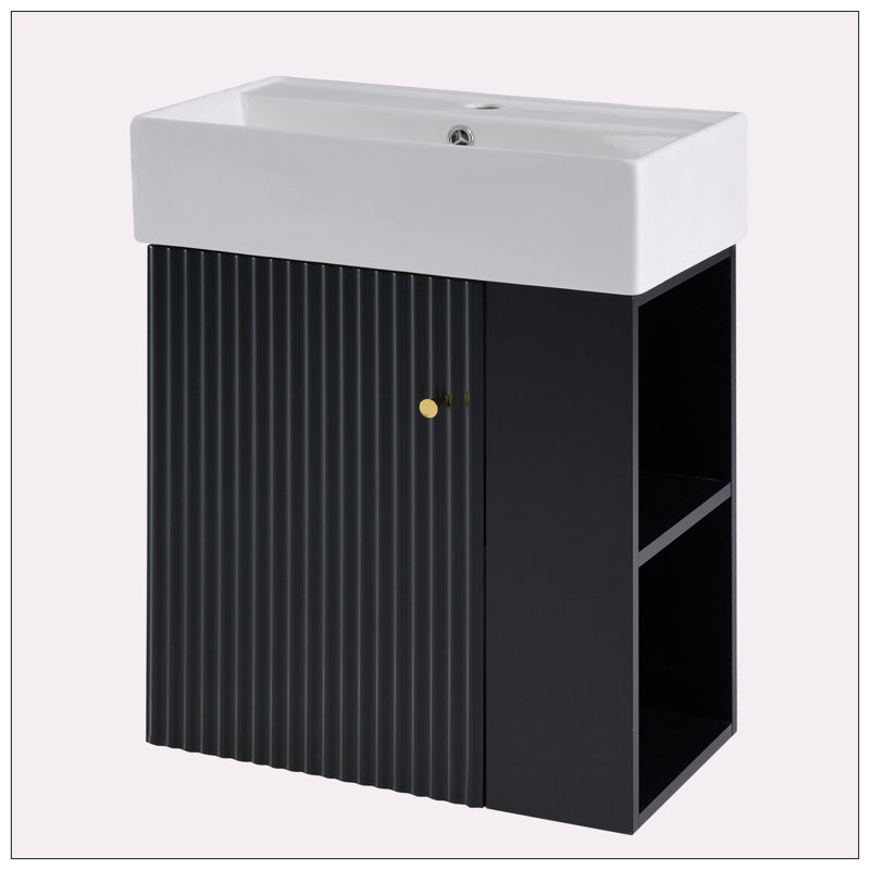 Meuble-lavabo flottant 21,6 po avec lavabo en céramique, rangement à gauche, Noir, noir, noir, noir