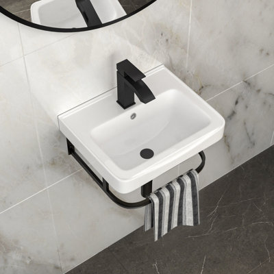 Lavabo de salle de bain mural rectangulaire en céramique 17 "x 14" avec barre à serviette noire et trop-plein, robinet noir