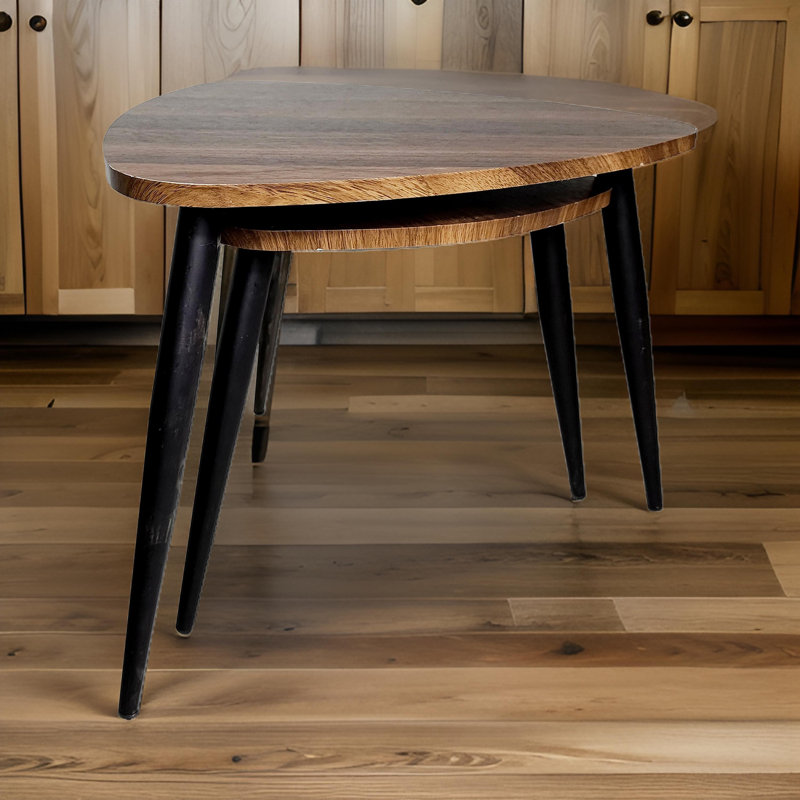 Clovia Nesting Table, Set Of 2, Triangular Brown Solid Wood, Black Metal