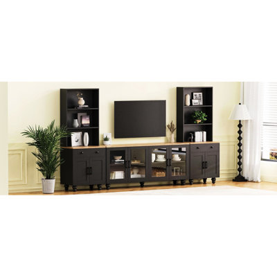 Meuble télé avec flair, pieds en bois massif en forme de gourde, 70 po, portes de centre de divertissement en verre noires, tablettes réglables et pieds de conception unifiée, pour téléviseur, caractéristique pratique trempée