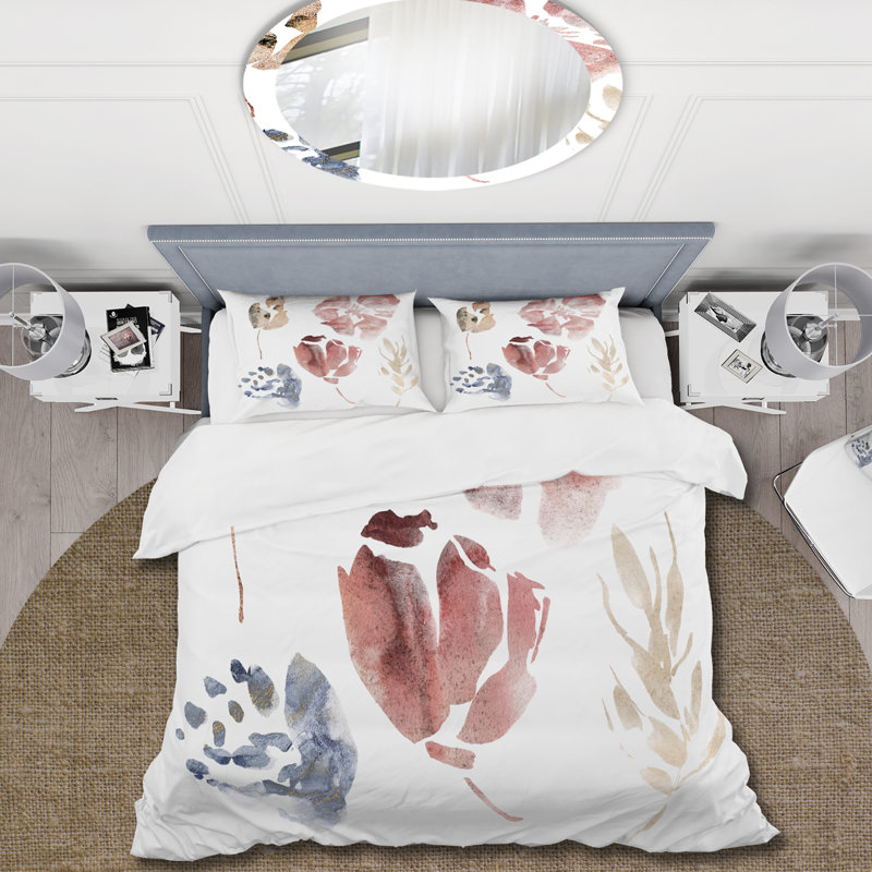 Feuillage minimaliste en rouge, bleu et brun - Ensemble de housse de couette traditionnel - Microfibre de polyester
