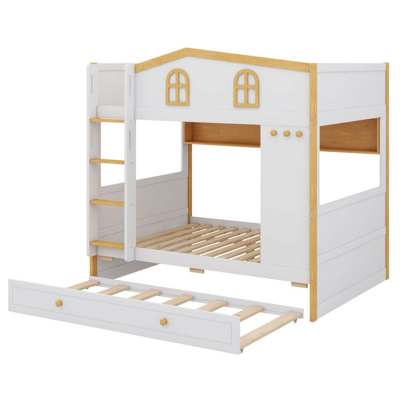 Lit superposé en forme de maison avec lit gigogne et tablettes de rangement, cadre de lit superposé en bois avec barrières et échelle de type maison