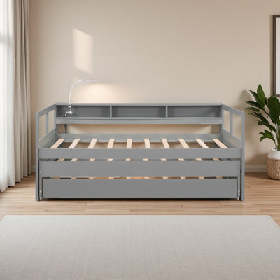 Twin XL Wood Daybed With 2 Trundles, 3 Storage Cubbies, 1 Light For Free And USB Charging Design