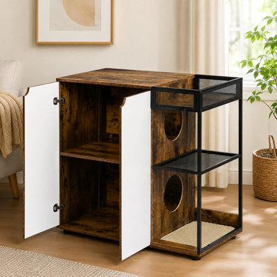 Double-layer cat litter box cabinet, 34.89×18.98×34.2 inches, with storage and cat door, brown.