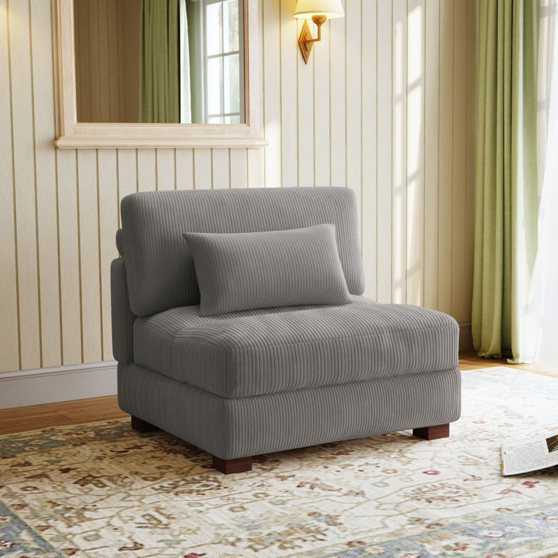 Maelina Upholstered Light Grey Corduroy Armless Chair with Pillow Back, Single Chair Module Part For Sectional Sofa