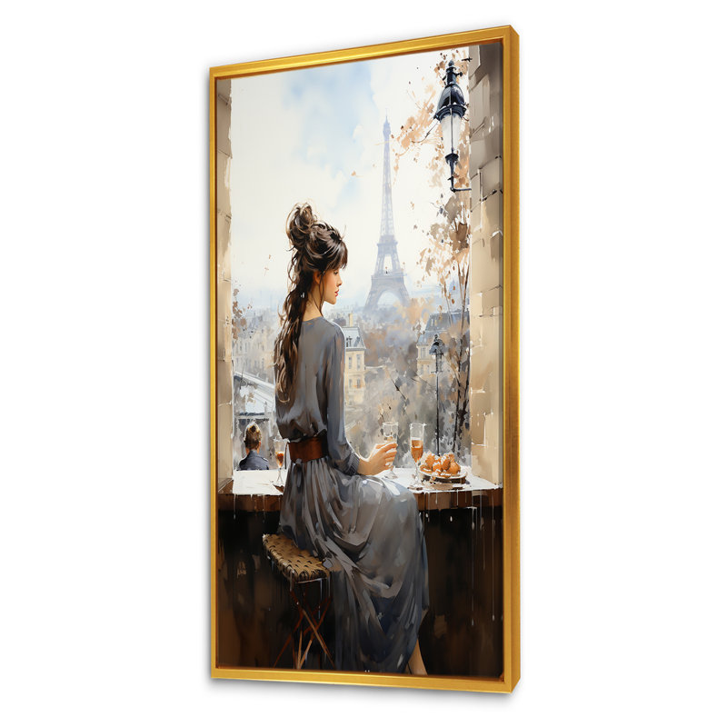 «Woman Parisian Pause», art sur toile, Cadre flottant doré, H 60 po x l 28 po x P 1,5 po