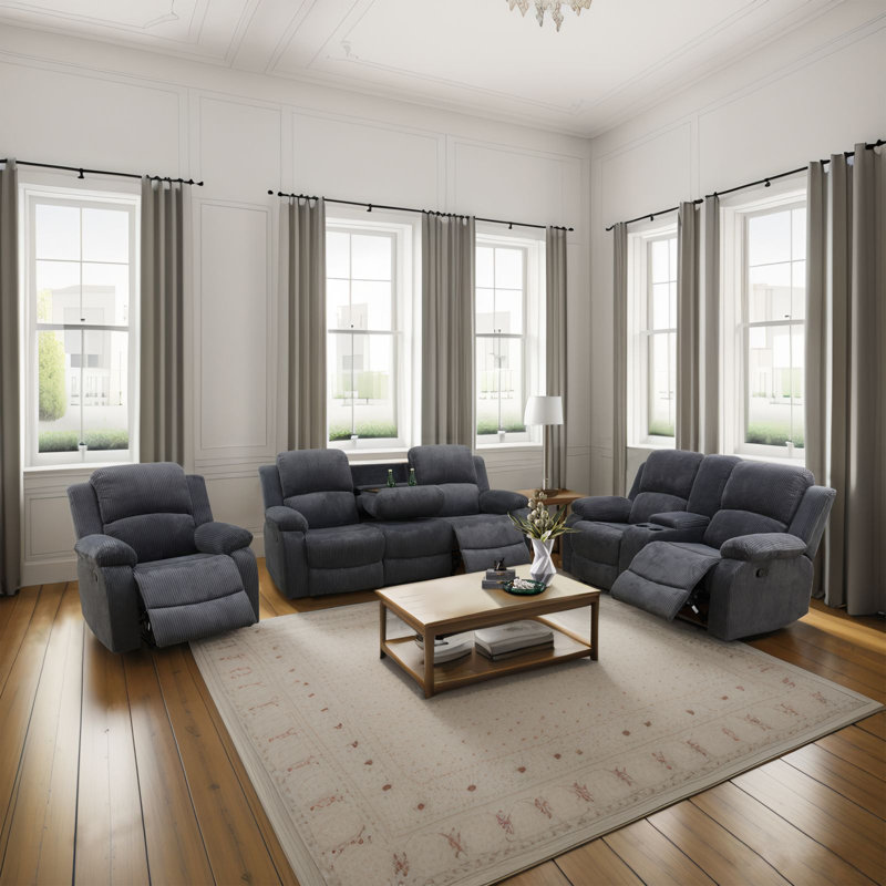 Ensemble de salon inclinable en velours côtelé gris foncé 3 pièces