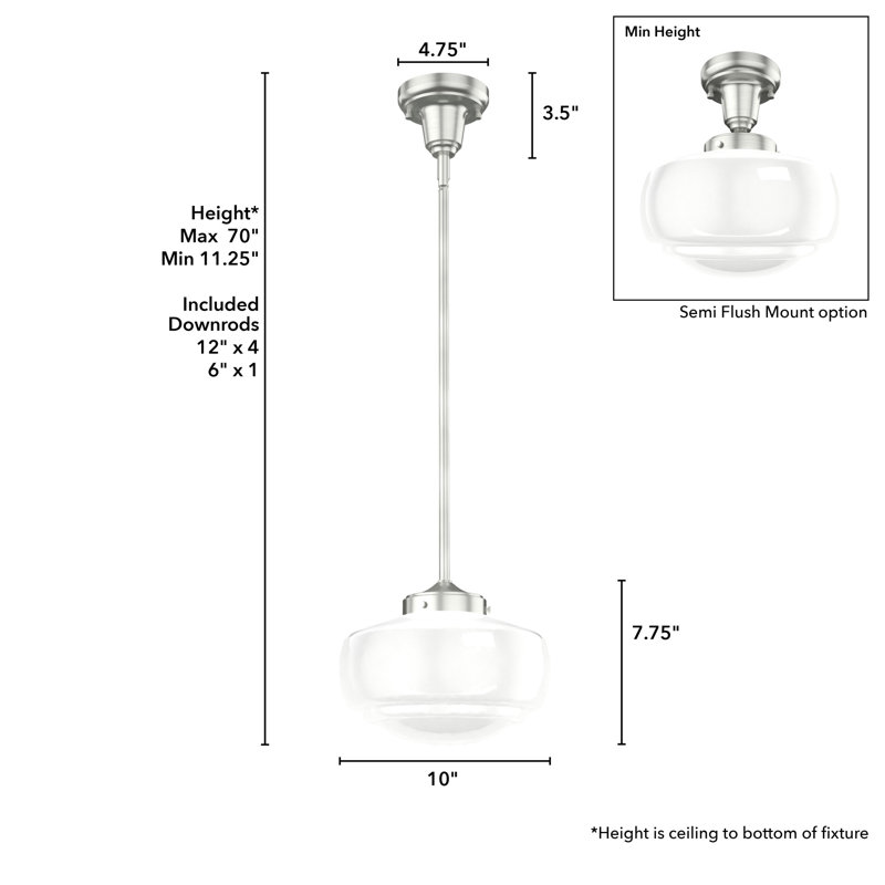 Saddle Creek 1 - Light Single Schoolhouse Pendant with Glass, Seeded, Brushed Nickel, 71" H x 16" W x 16" D