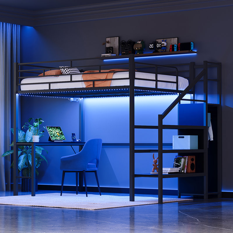 Full Black Metal Loft Bed With Desk,2 Charging Station,LED Light,Heavy Duty,Staircase,Wardrobe