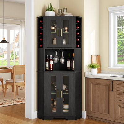 Meuble-bar de coin avec porte-verres, rangement pour le vin et éclairage à détecteur de mouvement