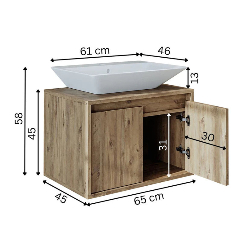Ruarie Bathroom Vanity Unit with Ceramic Washbasin 65cm,  Atlantic Oak