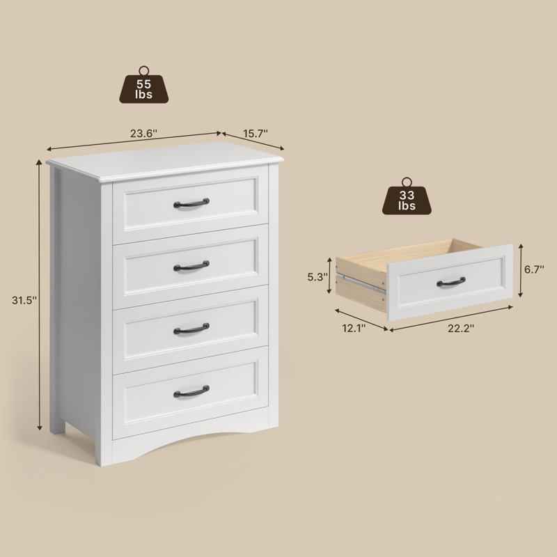 Commode 4 tiroirs en bois Ergica, H 36 po x l 27 po x P 15,7 po, Blanc