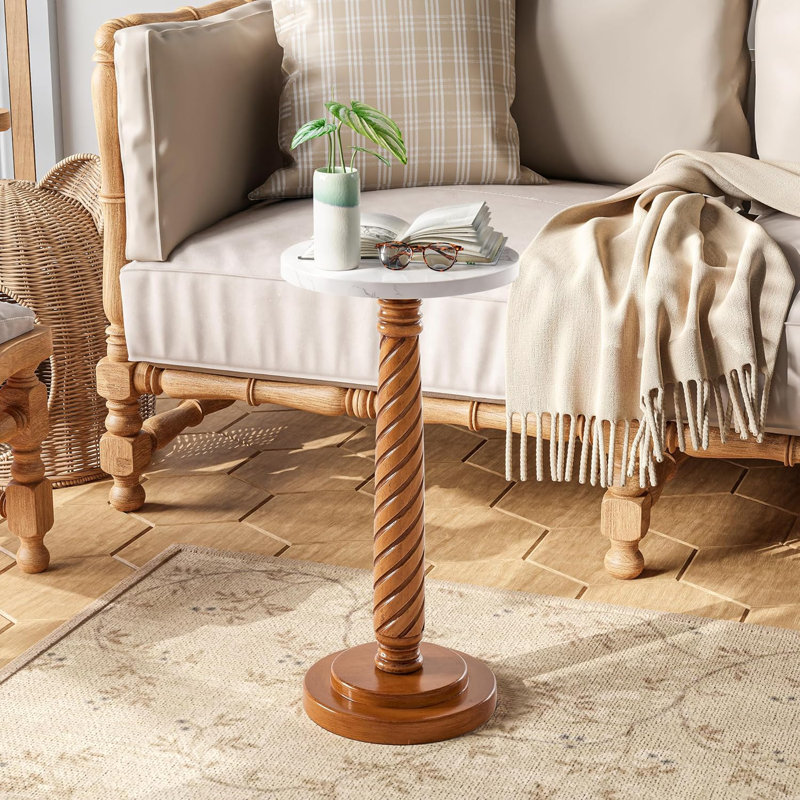 Farmhouse Distressed Finish Tray Top End Table with White Tabletop and Wooden Legs Side Table