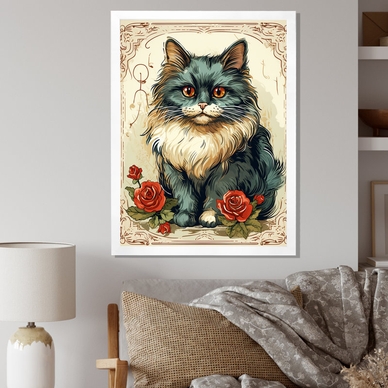 Illustration d'un chat bleu avec roses rouges - reproduction, H 40 po x l 30 po x P 1,5 po, Cadre simple blanc