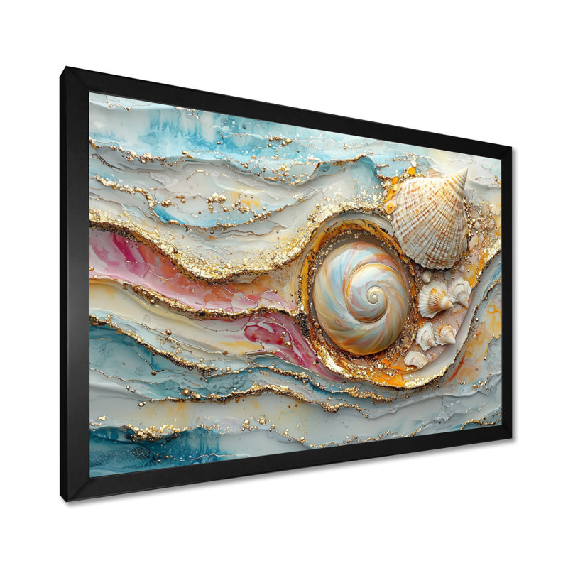 Coquillage et sable émeraude III - bord de mer, art mural, H 34 po x l 44 po, Cadre simple, Noir