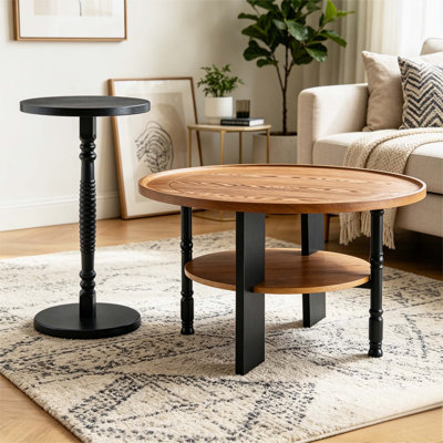 2-Piece Round Coffee Table and Side Table Set, Walnut Black Farmhouse Accent Tables with Storage Shelf