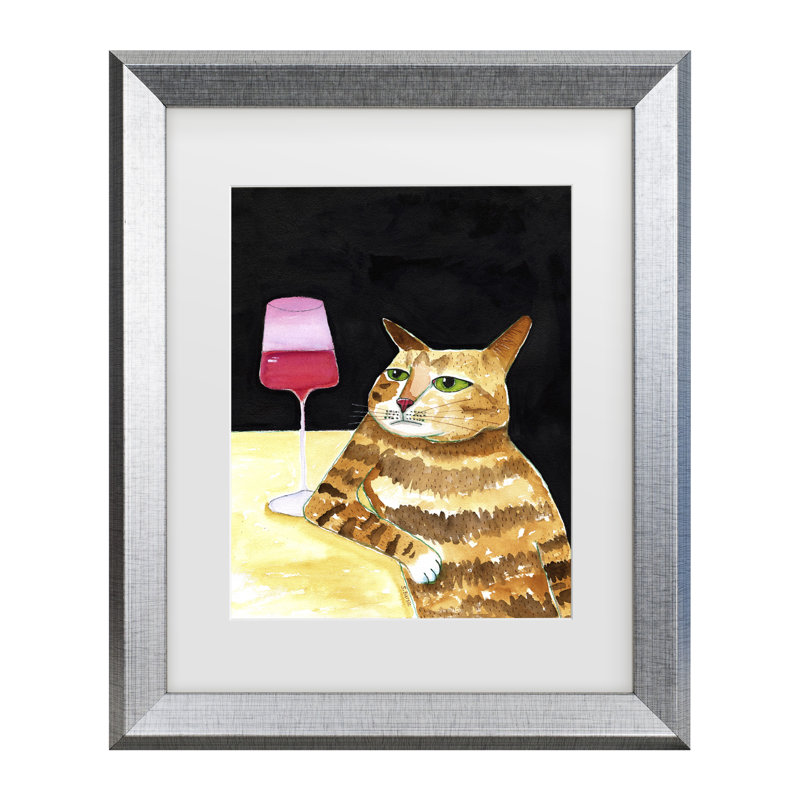 «Chat Sharyn Bursic», peinture de bolognaise, humoristique, chat encadré, H 14,5 po x l 17,5 po, Cadre argenté