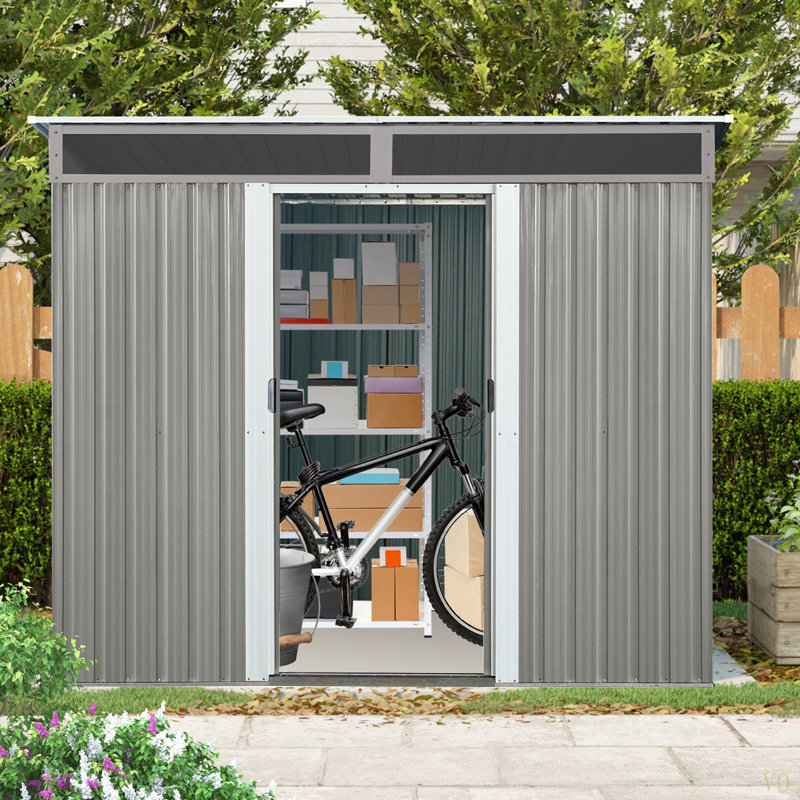 Remise de rangement extérieure en métal 8 pi x 6 pi avec fenêtre, plaque transparente et porte coulissante verrouillable pour jardin, pelouse