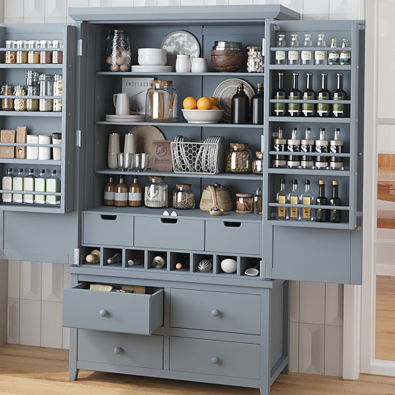 Grande armoire de rangement autoportante en bois avec 8 portes, Gris