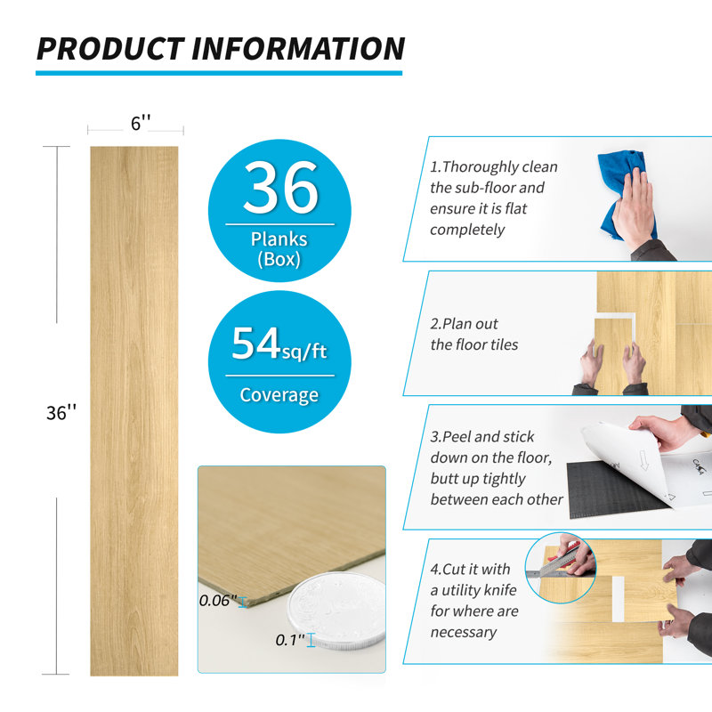Plancher de vinyle autocollant l 6 po x L 36 po auto-adhésif de luxe (ensemble de 36), Crème