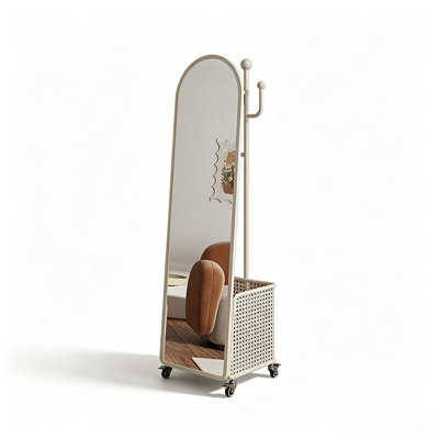 Modern Minimalist Cream Style Full-Length Mirror - Integrated With Home Coat Rack And Storage Basket