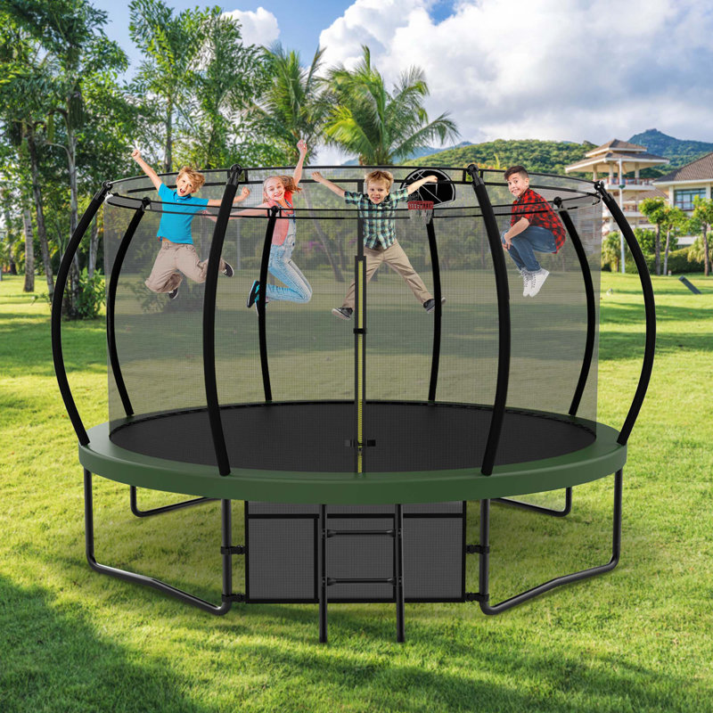 AUKFA Round Backyard Trampoline with Safety Enclosure, Green