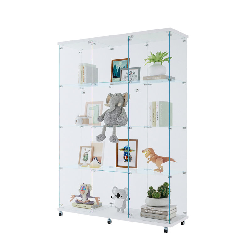 Énorme présentoir en verre à 4 tablettes, pour l'intérieur de la maison - noir et blanc, espace de rangement généreux, porte en bois trempé de qualité supérieure, structure en bois massif stable, procédure d'assemblage simple
