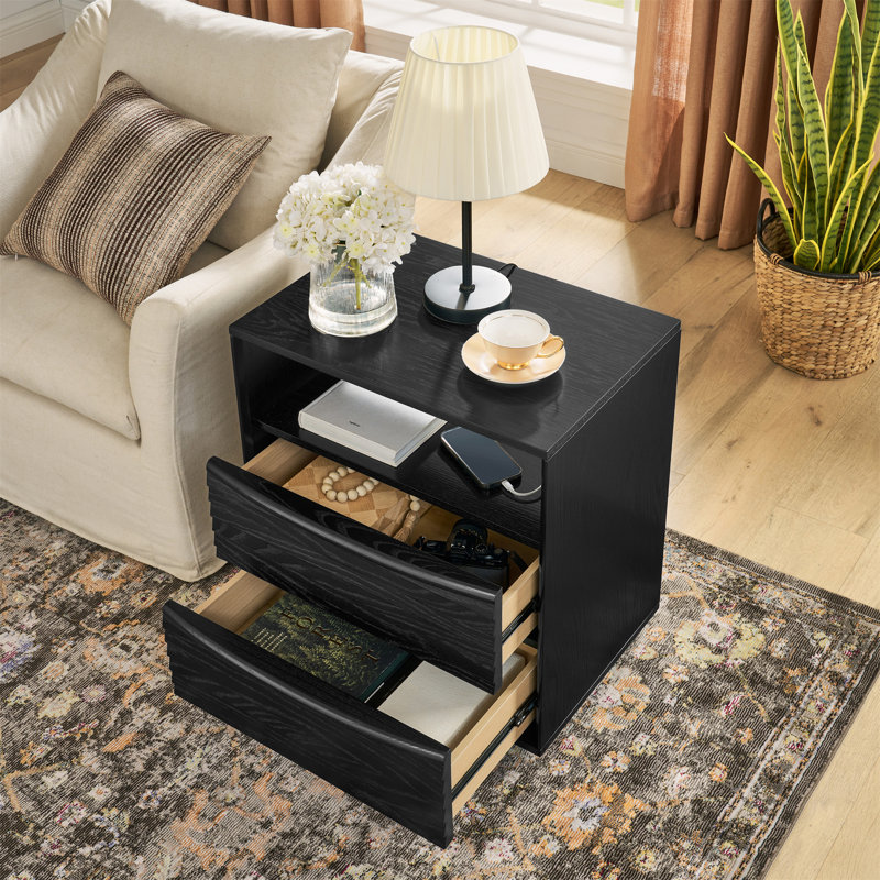 Table de chevet moderne Mid-Century avec station de charge et trou de sortie et 2 tiroirs en bois massif, Noir