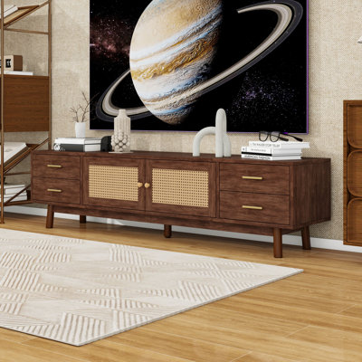 Rattan TV Stand with 4 Drawers, Cable Management Holes and 2 Cabinets