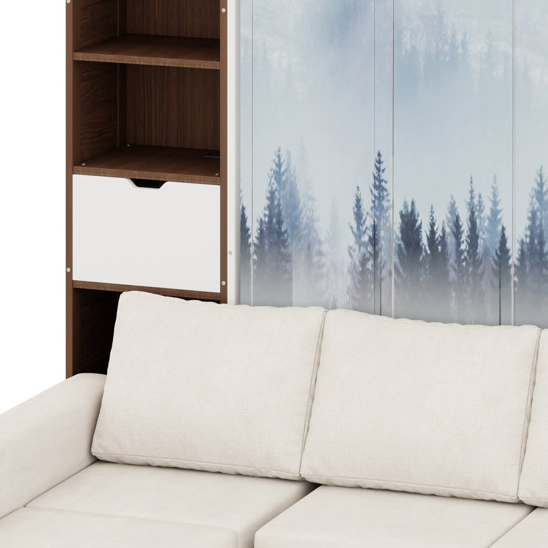 Lit escamotable avec armoire de rangement, tablettes ouvertes, façade de canapé et port USB pour un gain d'espace au sol.