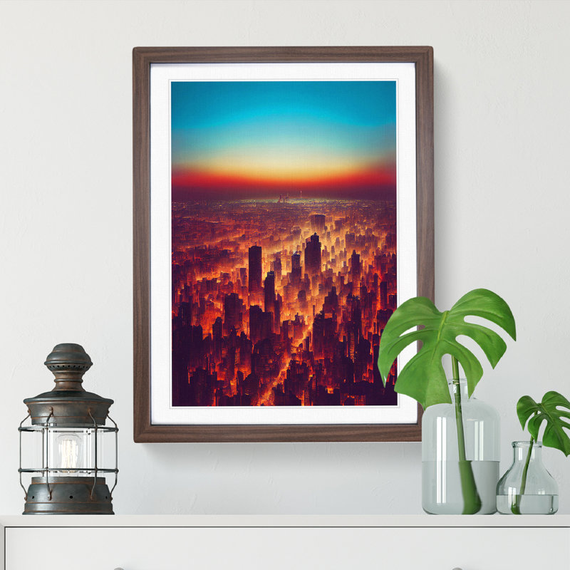 View Of A City Skyline No.3 - Single Picture Frame Painting, 64cm H x 46cm W x 2cm D, Walnut Framed