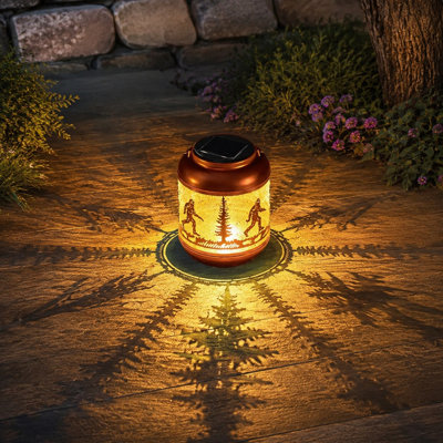 Waterproof Bigfoot/Sasquatch solar hanging lanterns use Metal decorative LED construction for garden, patio, lawn, pathway, or yard decor and as gifts for men, women, or Bigfoot lovers. For outdoor use.